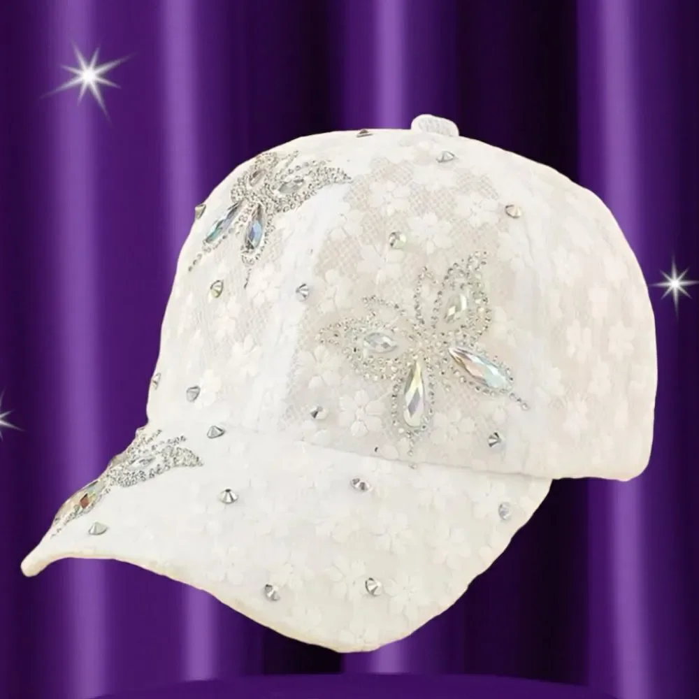 WHITE‎ LACE WITH RHINESTONE BUTTERFLIES BASEBALL CAP